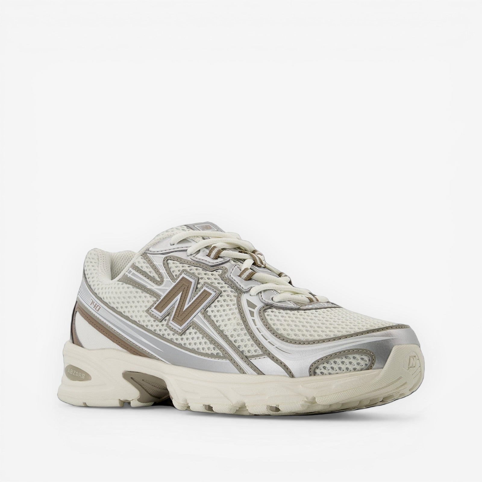 New Balance beige and silver sneaker, mesh and leather footwear, lifestyle running shoe