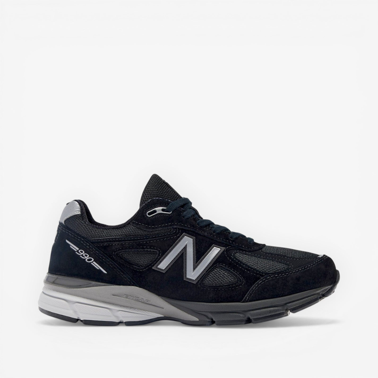 New Balance black sneaker, men's footwear, mesh and suede details, side profile