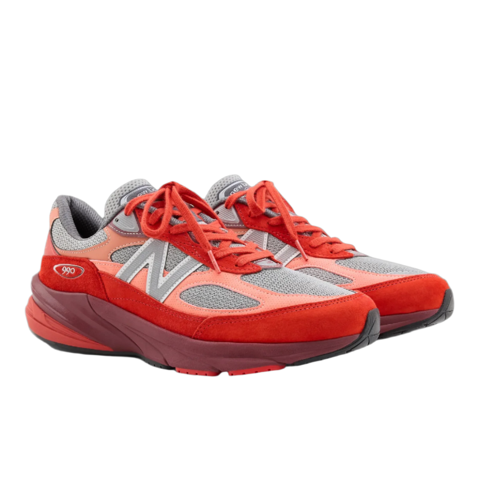 New Balance 990 red and grey sneakers, athletic footwear with mesh and suede details