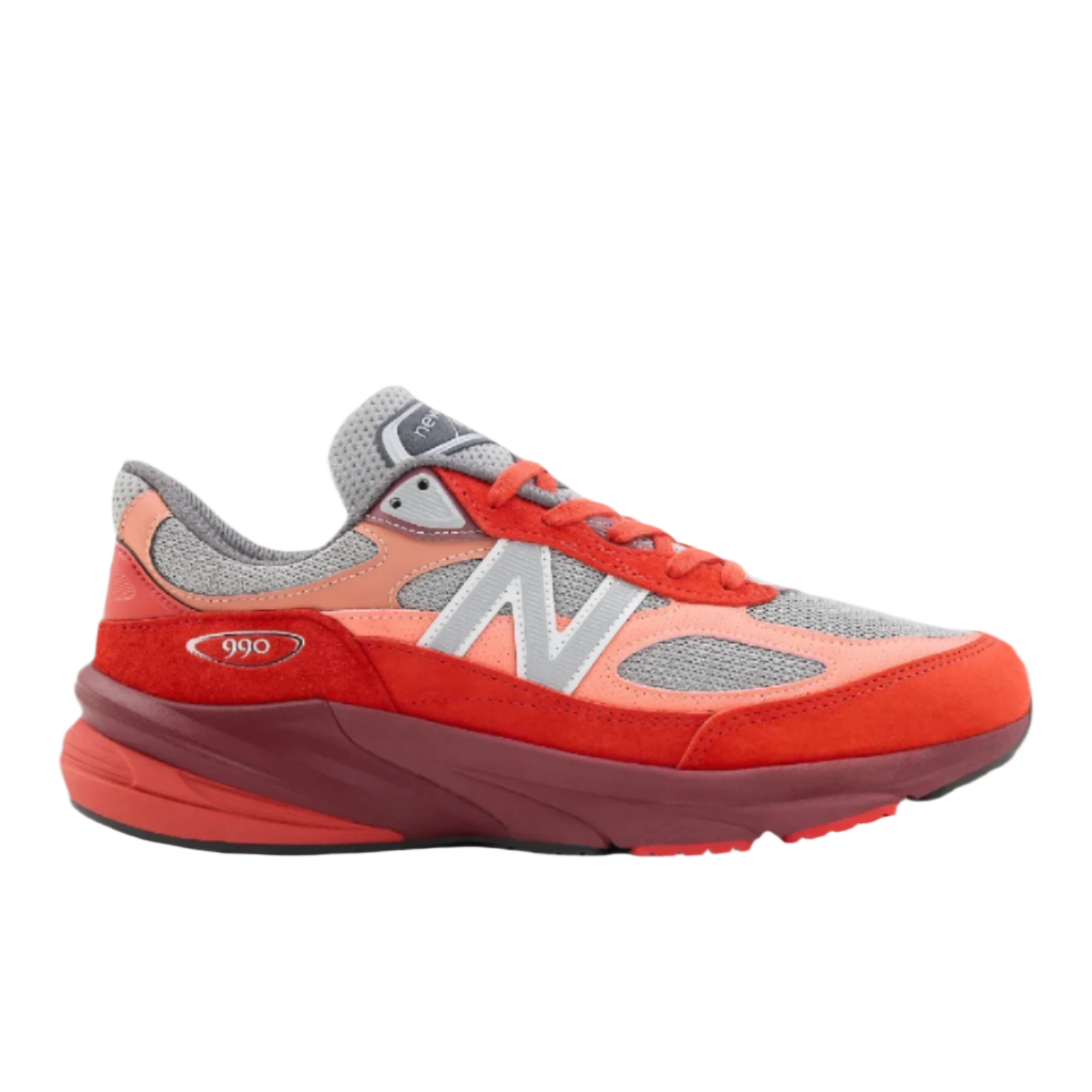 new balance red and grey suede sneaker, lifestyle footwear, side view