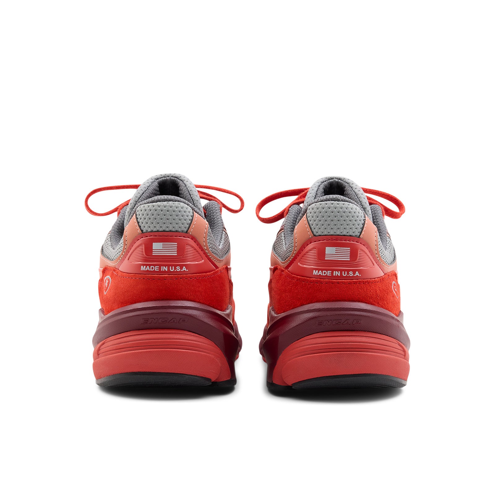 Red and grey New Balance sneakers rear view, athletic footwear, ENCAP sole detail