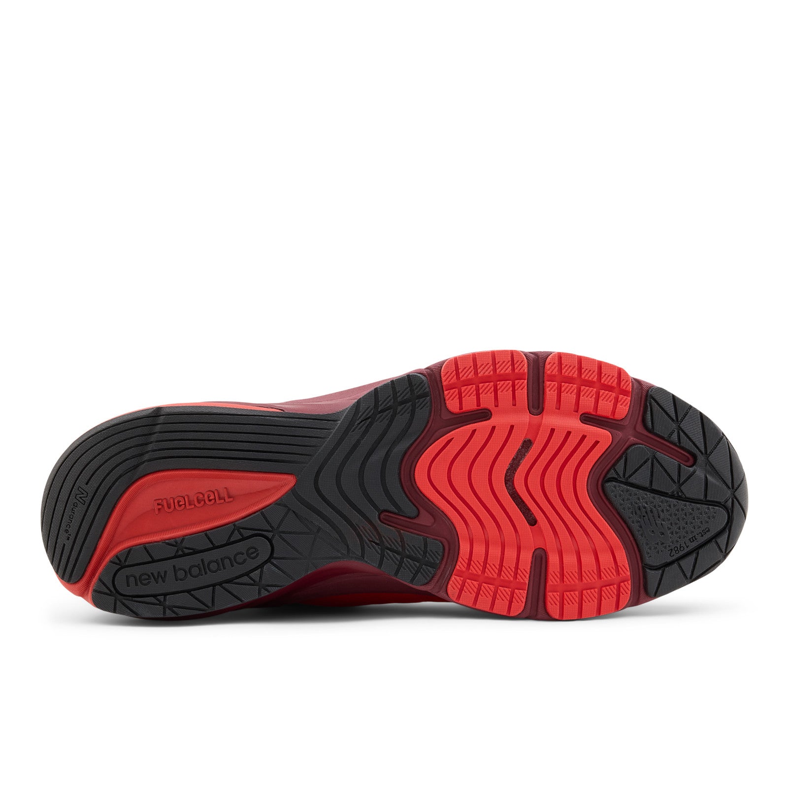 New Balance sneaker outsole with black and red tread, footwear sneaker detail